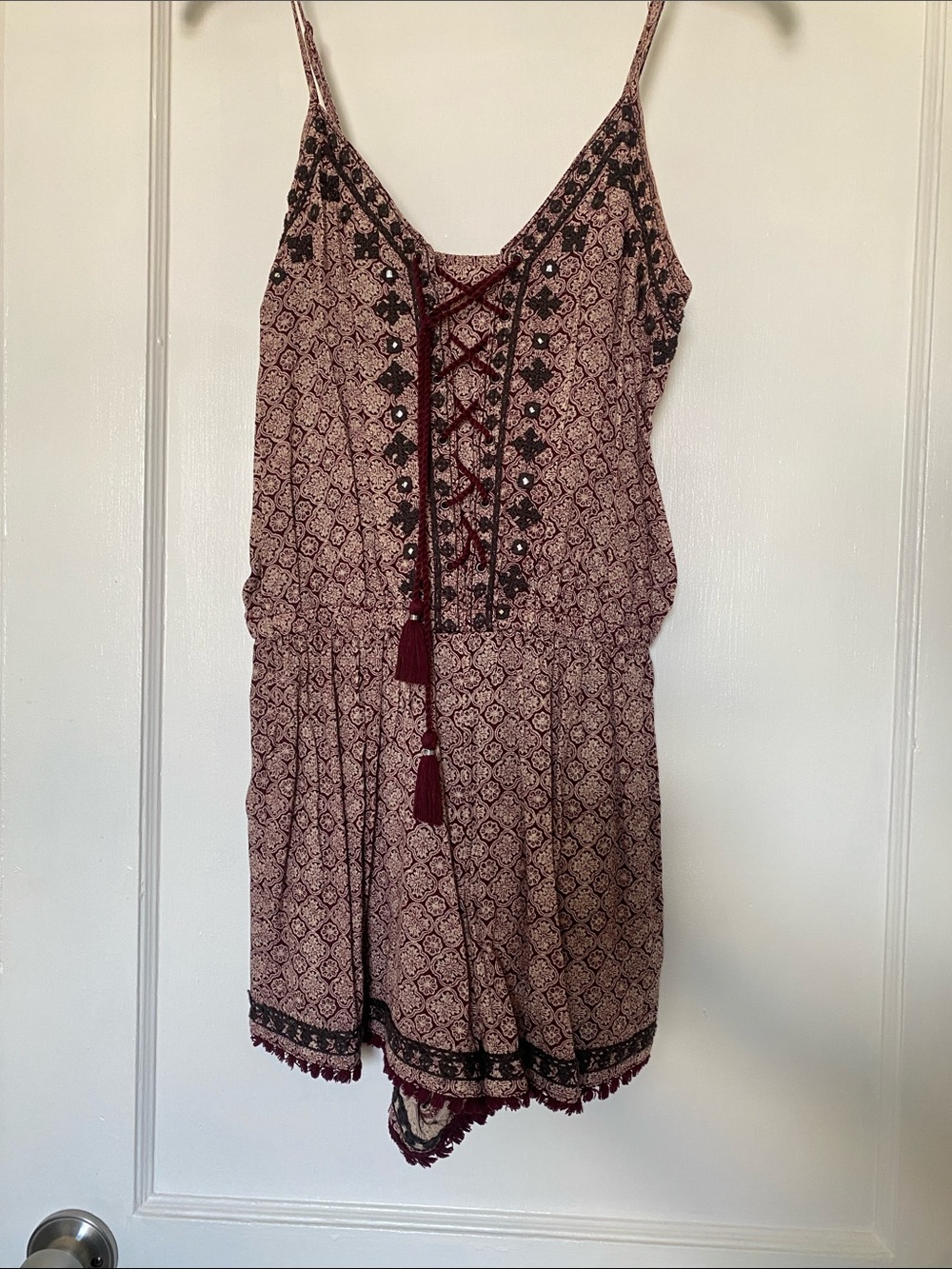American Eagle Outfitters Burgundy Printed Lace-Up Mini Dress Romper